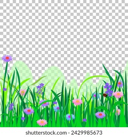 Vector graphics. Bright flowers bloom in green grass on a transparent background.