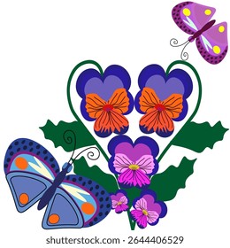 Gráficos de Vector. Violas brillantes en forma de corazón y dos mariposas sobre un fondo blanco.