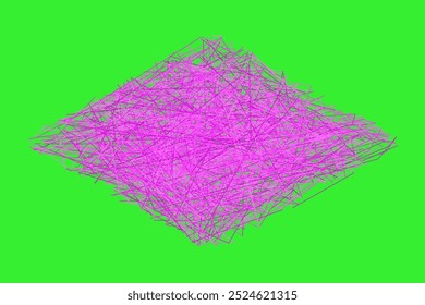 vector graphics. A bright rhombus made of lilac messy lines in the centre of the image. Plain acid-green background