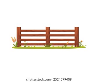 Vector graphics of a brown wooden fence surrounded by flowers and grass. This design highlights the embossed texture of the wood, creating a rustic vintage feel.