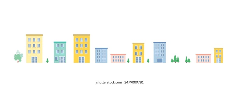 Vector graphics of buildings, apartments, hotels, condos in cute pastel colors on a white background isolated for use in map design, representing a city, a developed community, a society, a city,work.