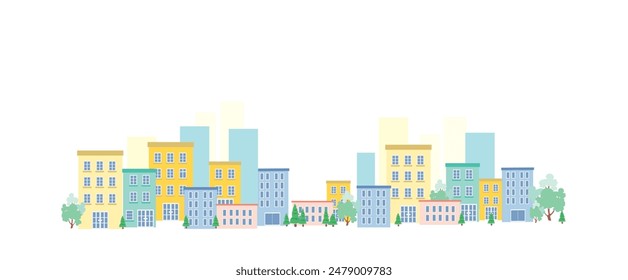 Vector graphics of buildings, apartments, hotels, condos in cute pastel colors on a white background isolated for use in map design, representing a city, a developed community, a society, a city,work.