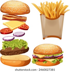 Vector graphics of burgers, fries, and ingredients