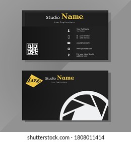 Vector graphics of business card with QR code in modern style in black, yellow and white. Perfect to use for movie maker studio