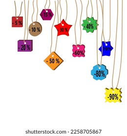 Vector graphics. Business idea. On stickers of different colors and shapes, percentages of price reductions for goods are written.