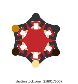 Vector graphics. Business. An important meeting is depicted on a white background. People with sheets of paper are sitting at a round table, solving important problems.