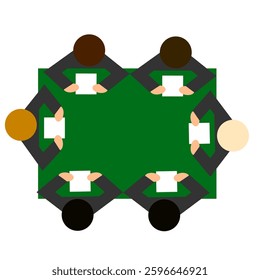 Vector graphics. Business, negotiations. Four silhouettes of people with sheets of paper on the table at the green table.