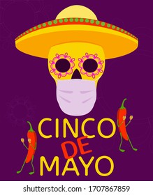 Vector graphics by Cinco De Mayo. Mexican holiday during the pandemic. Skull in medical mask and sambrero, jalapeno pepper with maracas