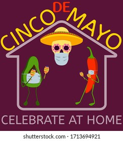 Vector graphics by Cinco De Mayo. Mexican holiday during the pandemic. Skull in medical mask and sambrero, jalapeno pepper and avocado with maracas in medical mask. Celebrate at home