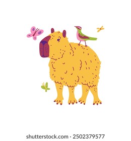 Vector graphics with a capybara with an unusual yellow color, with a bird sitting on its back, butterflies flying around. Charming image of a friendly mammal