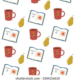 Vector graphics. Cartoon autumnal pattern with book, pear, coffee cup. White background. 