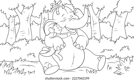 Vector graphics, cartoon baby elephant and kangaroo hugging in the jungle, coloring book
