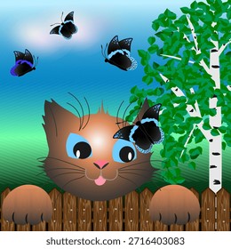Gráficos de Vector. Un gato de dibujos animados con una hermosa mariposa en la oreja mira desde detrás de una cerca.