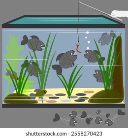 Vector graphics. A cat's paw holds a fishing rod and catches piranha fish in an aquarium. Gnawed fish skeletons lie nearby.