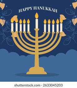 vector graphics celebrating Happy Hanukkah, the Festival of Lights. Features menorahs, dreidels and gifts. Ideal for greeting cards, posters and social media.