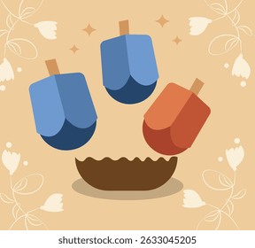 vector graphics celebrating Happy Hanukkah, the Festival of Lights. Features menorahs, dreidels and gifts. Ideal for greeting cards, posters and social media.
