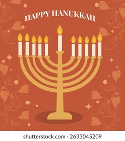 vector graphics celebrating Happy Hanukkah, the Festival of Lights. Features menorahs, dreidels and gifts. Ideal for greeting cards, posters and social media.