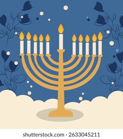 vector graphics celebrating Happy Hanukkah, the Festival of Lights. Features menorahs, dreidels and gifts. Ideal for greeting cards, posters and social media.