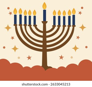 vector graphics celebrating Happy Hanukkah, the Festival of Lights. Features menorahs, dreidels and gifts. Ideal for greeting cards, posters and social media.