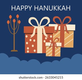 vector graphics celebrating Happy Hanukkah, the Festival of Lights. Features menorahs, dreidels and gifts. Ideal for greeting cards, posters and social media.