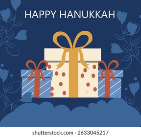 vector graphics celebrating Happy Hanukkah, the Festival of Lights. Features menorahs, dreidels and gifts. Ideal for greeting cards, posters and social media.