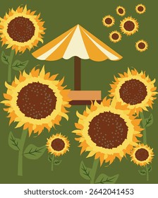 vector graphics celebrating Summer Solstice. Features smiling suns, sunflowers, beach scenes, trees and relaxation elements. Ideal for seasonal greetings and social media.