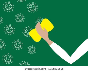 Vector graphics - A chalk drawing on a green blackboard - close-up of coronavirus molecules and hand washing with a rag copy space. Concept-back to school and stop coronavirus