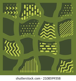 Vector graphics are a chaotic pattern with curved patches and geometric shapes of green trend colors. Concept - abstract art