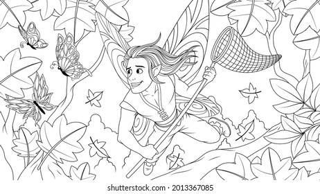 Vector graphics, a cheerful young fairy boy fairy with a butterfly net after butterflies, tries to catch, coloring book.