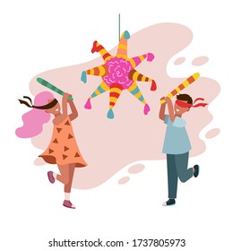 Vector Graphics. Children Beat Piñata With Their Eyes Closed. Children's Birthday.
