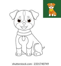 Vector graphics, children's coloring book with a cute puppy, with an example of coloring, All elements are isolated from each other.
