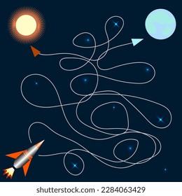 Vector graphics. Children's educational game. Find the correct path of the spaceship to Earth. Against the background of the starry sky, a spaceship, the Earth and the Sun.