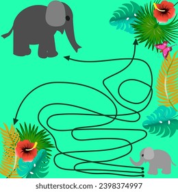 Gráficos vectoriales. Juego educativo para niños - encuentre el camino correcto entre el elefante bebé y la madre elefante.