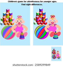 Vector graphics. Children's educational game. Find the differences. A small child with a pacifier in his mouth plays with a ball, a pyramid and cubes.