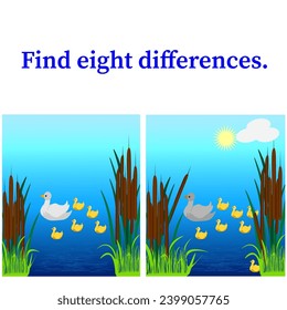 Vector graphics. Children's game for attentiveness. Find eight differences in two pictures, where ducklings and a duck are shown swimming.