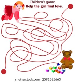 Vector graphics. Children's game. Help the child find toys - a teddy bear and cubes.