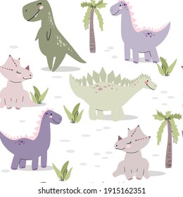 Vector graphics, children's illustration with dinosaurs. Seamless background with stylized dinosaurs