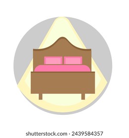 Vector graphics. In a circle, on a white background under a beam of light from an electric light bulb, there is a bed with a pink blanket and pillows.