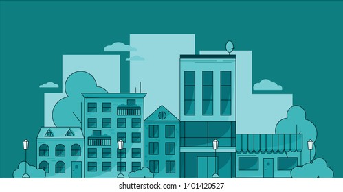 
vector graphics city, houses on aqua background