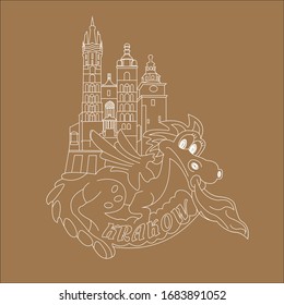 Vector graphics. City of Krakow. Poland. Souvenir magnet, sticker, emblem. Drag of Dragon and Architecture. The illustration is perfect for laser cutting.