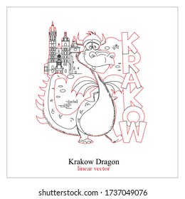 Vector graphics. City of Krakow. Poland. Souvenir magnet, sticker, emblem. Drag of Dragon and Architecture. The illustration is perfect for laser cutting.
