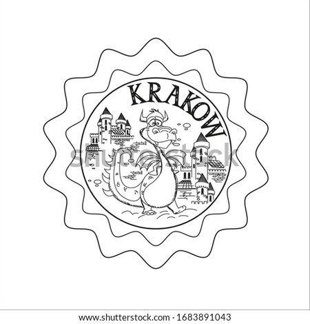 Vector graphics. City of Krakow. Poland. Souvenir magnet, sticker, emblem. Drag of Dragon and Architecture. The illustration is perfect for laser cutting.