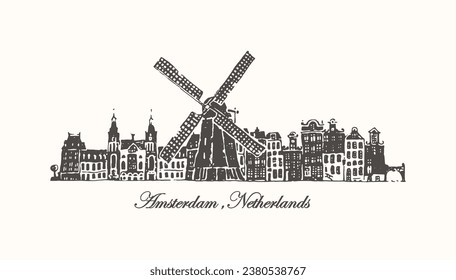 Vector Graphics with City name and Sketches ,Amsterdam, Netherlands