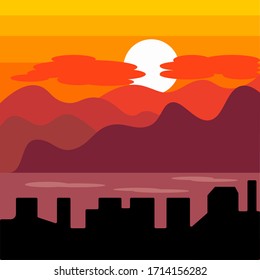 Vector graphics City sunset. Beautiful orange-red sunset. For printing on clothes, for prints. Vector illustration eps 10