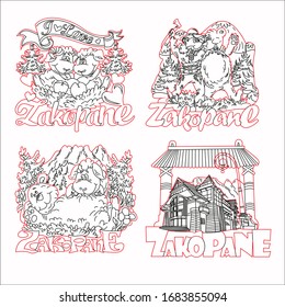 Vector graphics. The city of Zakopane. Poland. Souvenir magnet, sticker, emblem. Image of house, sheep, ram, bear and man. The illustration is perfect for laser cutting.