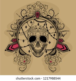 vector graphics clored illustration of a skull with decorated round frame.