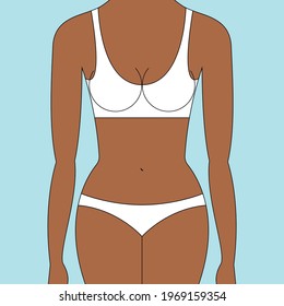 Gráficos vectoriales - una figura de primer plano de una hermosa mujer en ropa interior blanca con un rostro oculto sobre un fondo azul.