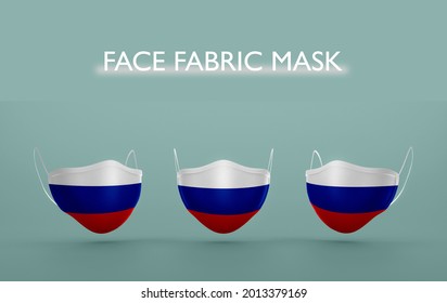 Gráficos vectoriales de impresión de máscara de tela con bandera rusa. Coronavirus novedoso (2019-nCoV o CoVid-19). máscaras de tela impresas. en un fondo gris. Objeto vectorial 3D