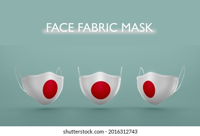 Vector graphics of cloth mask printing with Japanese flag. Novel coronavirus (2019-nCoV or CoVid-19). printed cloth masks. on a gray background. 3D Vector Object