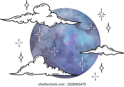 Vector graphics of clouds and stars with watercolor moon. Isolated vector illustration character set.